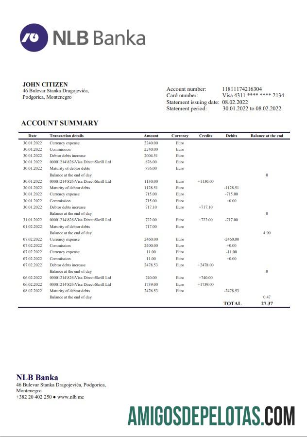 Montenegro NLB modelo de extrato bancário